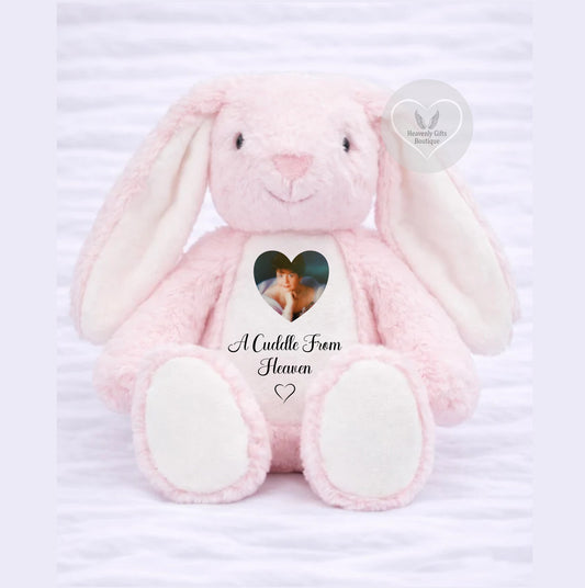pink memorial bunny with ‘A cuddle from Heaven’ wording