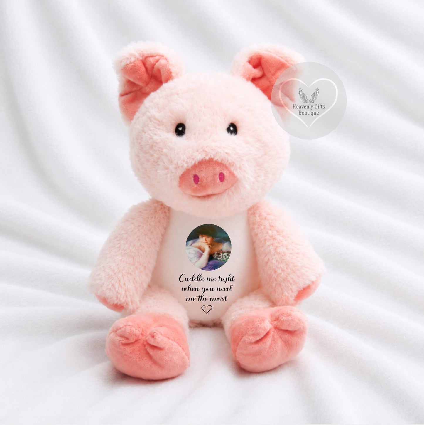 Pink pig memorial keepsake with personalised photograph and remembrance message