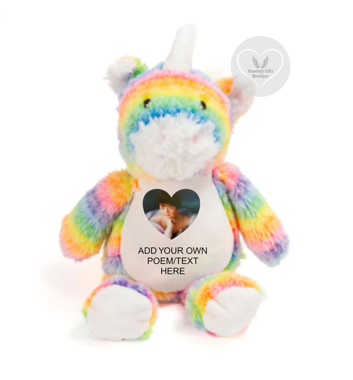 Personalised rainbow unicorn remembrance bear with square photo