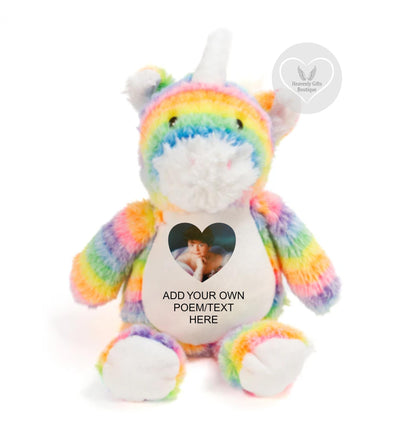 Personalised rainbow unicorn remembrance bear with square photo