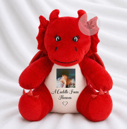 A Cuddle From Heaven red dragon memorial keepsake with personalised square photo