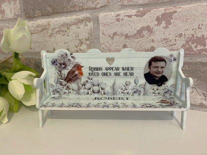 Acrylic Robin memorial bench with personalised wording with photo