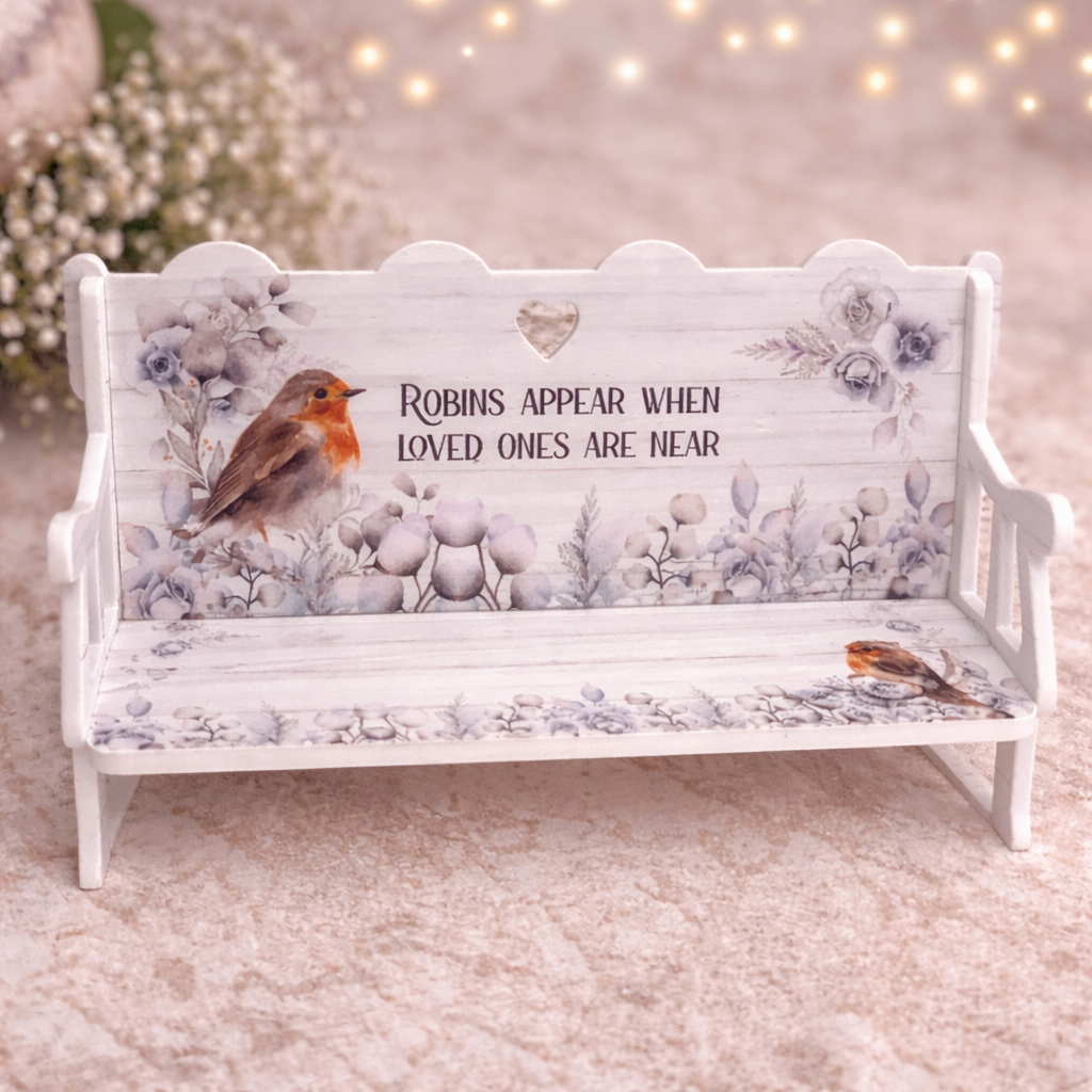 Grey acrylic robin memorial bench with photo panel and personalised wording