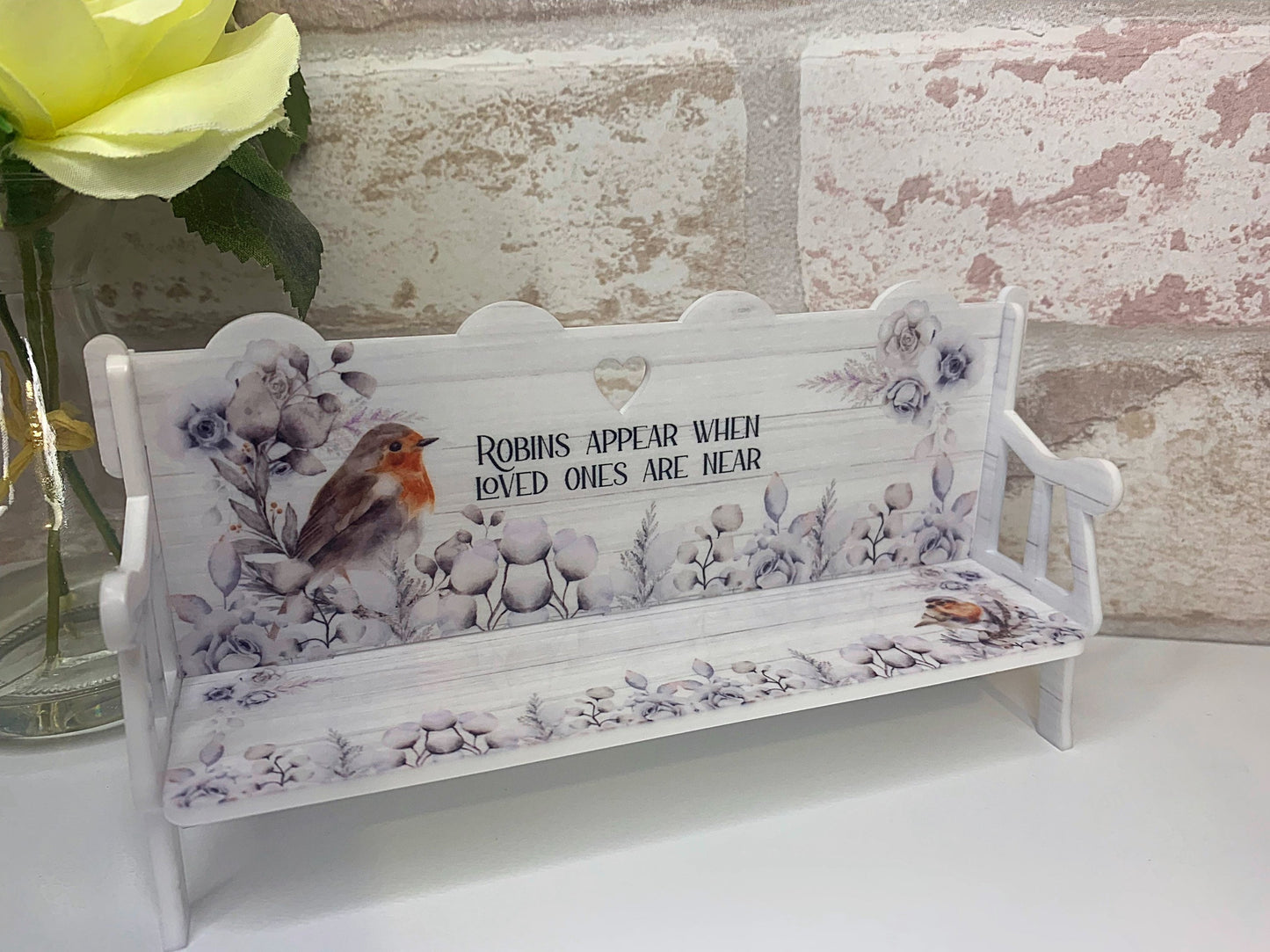 Robin memorial bench keepsake shown with printed detail 