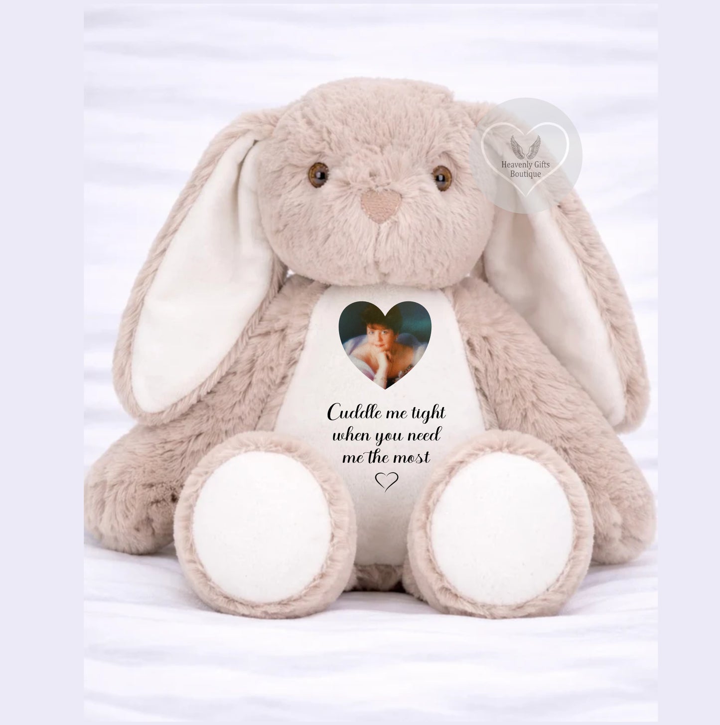 Beige memorial bunny with ‘Cuddle me tight when you need me the most’ wording on tummy 