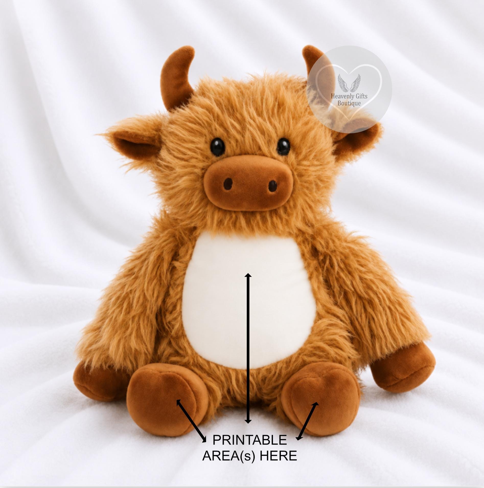 A fluffy brown plush cow toy with a white belly, indicating a customizable print-on-demand product.