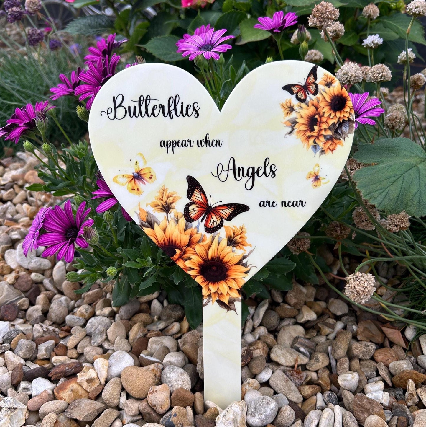 Yellow butterfly heart grave marker with photo panel and personalised wording