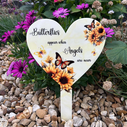 Yellow butterfly heart grave marker with photo panel and personalised wording