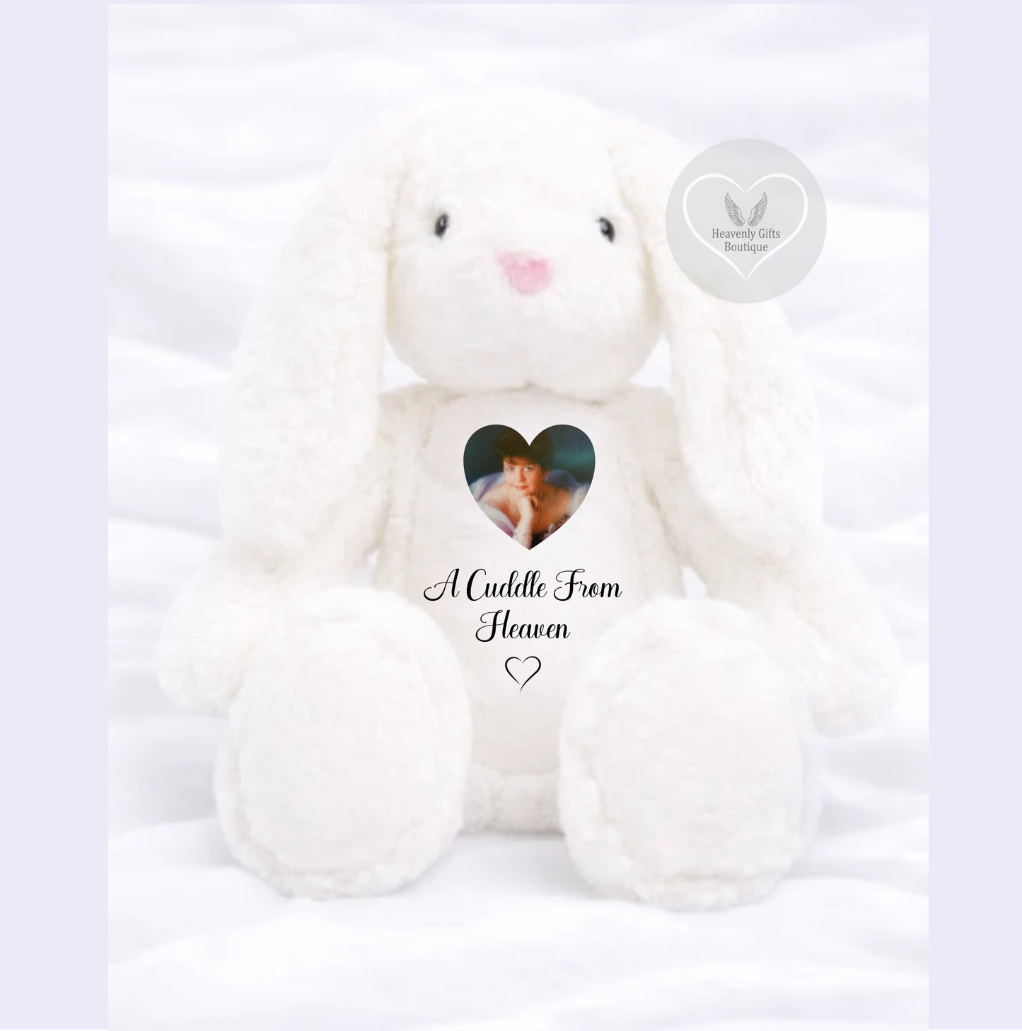 White memorial bunny with ‘A cuddle from Heaven’ wording 