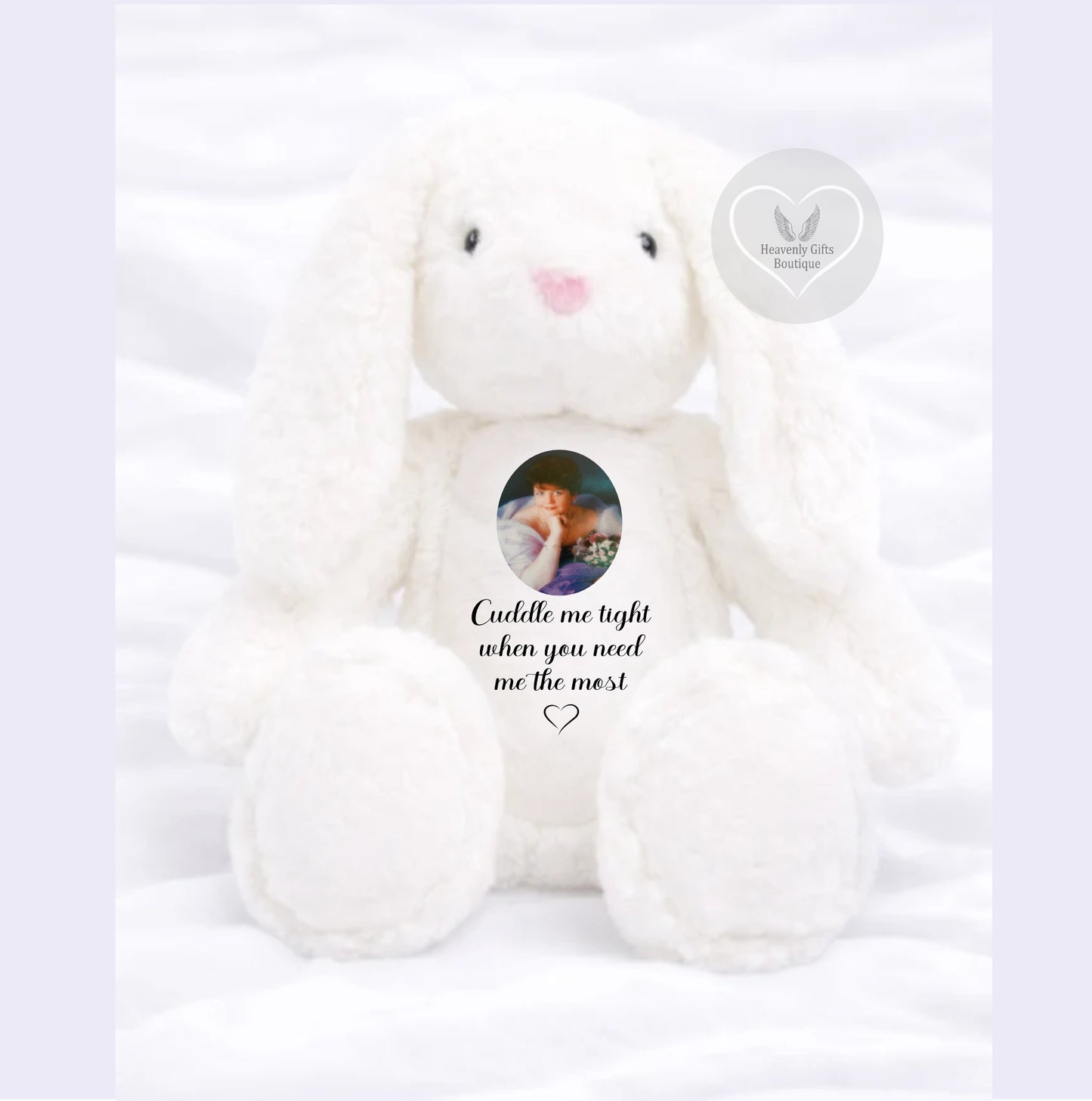 White memorial bunny with ‘Cuddle me tight when you need it the most’ wording