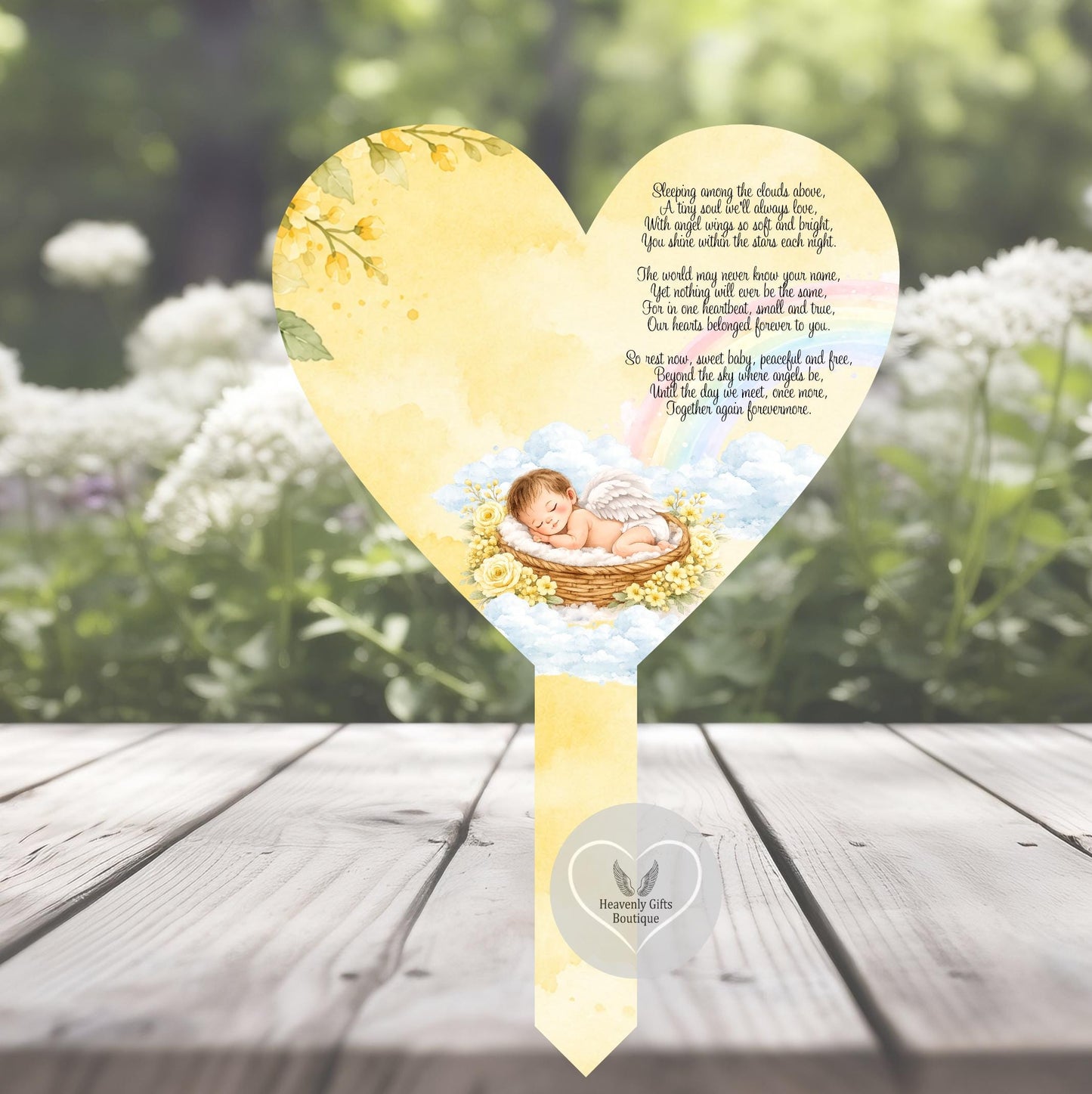 Yellow personalised baby loss grave marker with name and remembrance poem