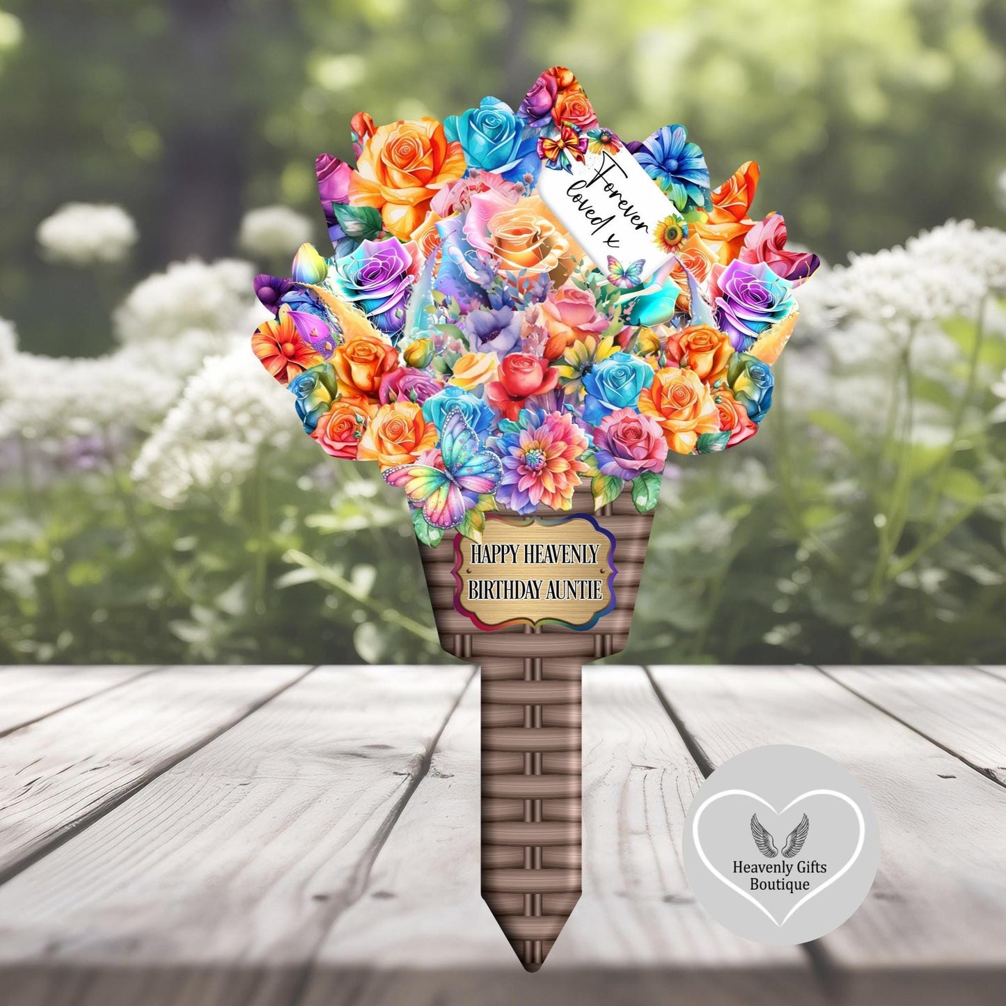Heavenly birthday memorial flower stake