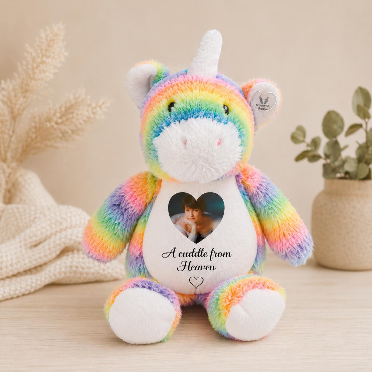 Rainbow unicorn plush toy with a heart-shaped photo with a cuddle from heaven