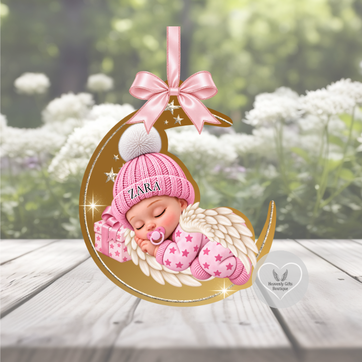 Personalised Sleeping Angel Baby acrylic Christmas remembrance bauble featuring a golden crescent moon and sleeping angel design
