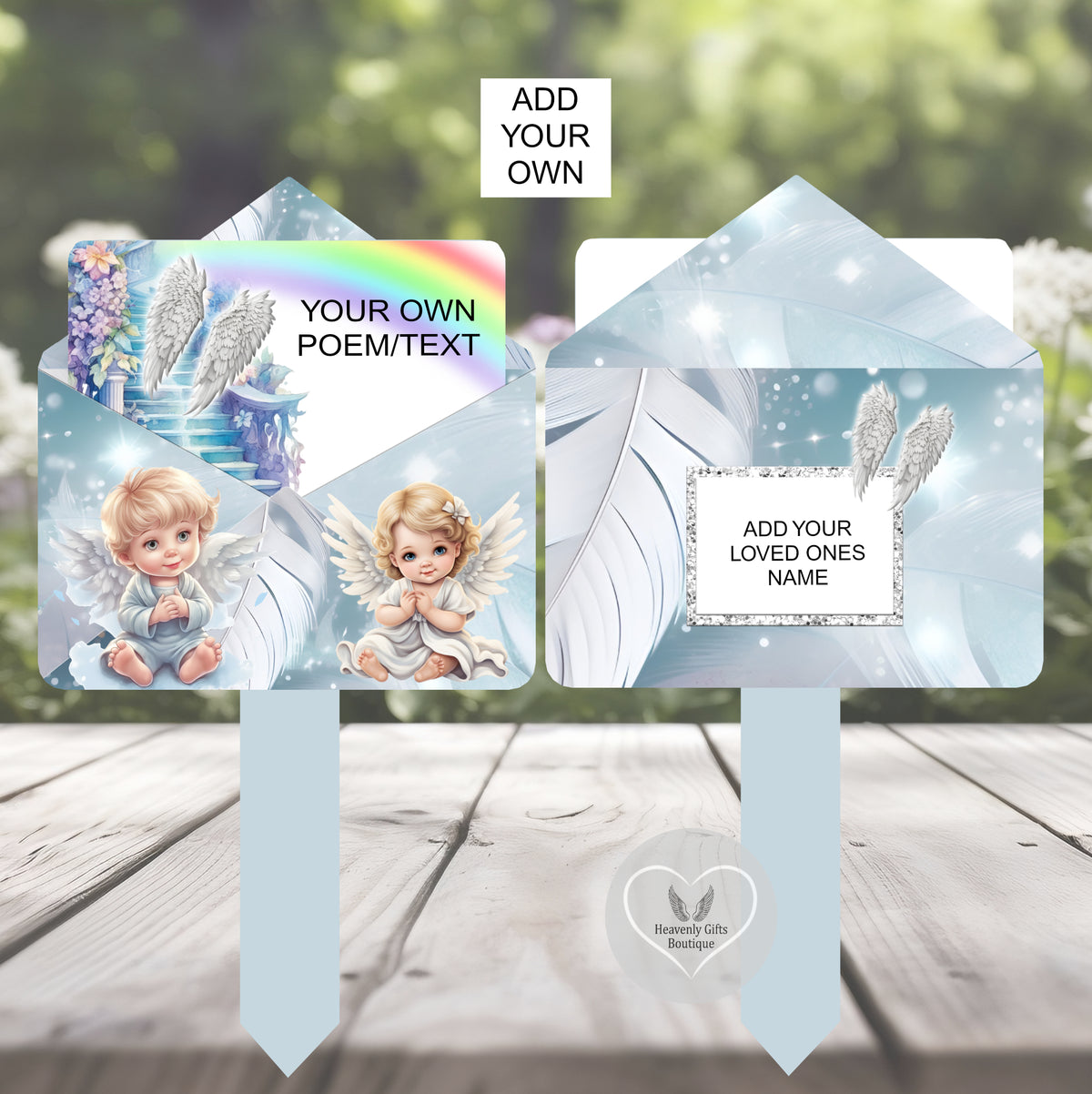 Angel baby memorial marker with personalised own text front and back