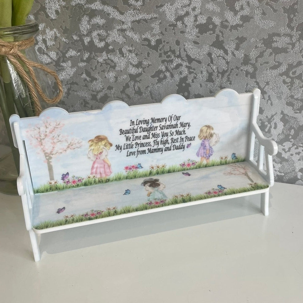Angel in Heaven child memorial bench for Daughter with personalised remembrance wording from Mummy and Daddy