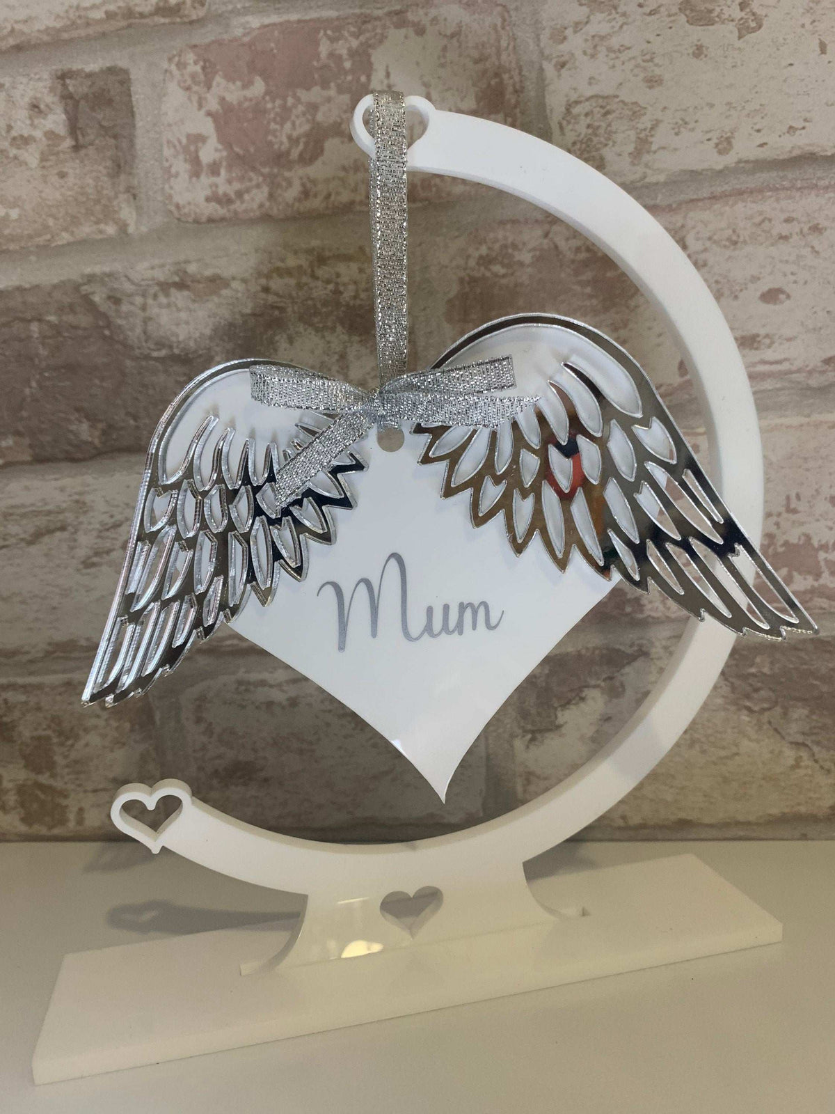 Angel wings remembrance hanging decoration with personalised heart centre