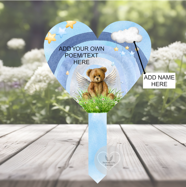Blue baby memorial heart grave marker showing personalised name and own wording options