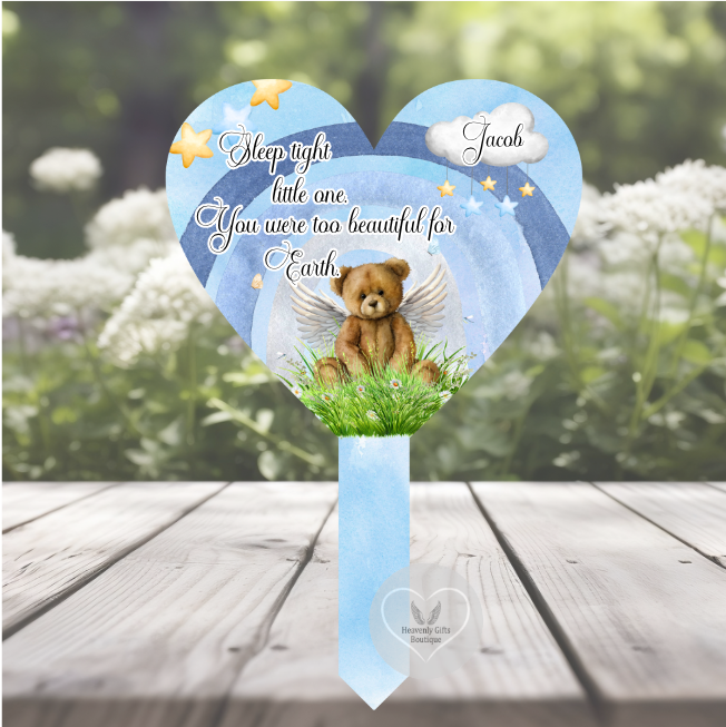 Blue personalised baby loss heart grave marker with teddy bear and rainbow design