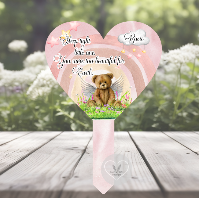Pink personalised baby loss heart grave marker with teddy bear and rainbow design