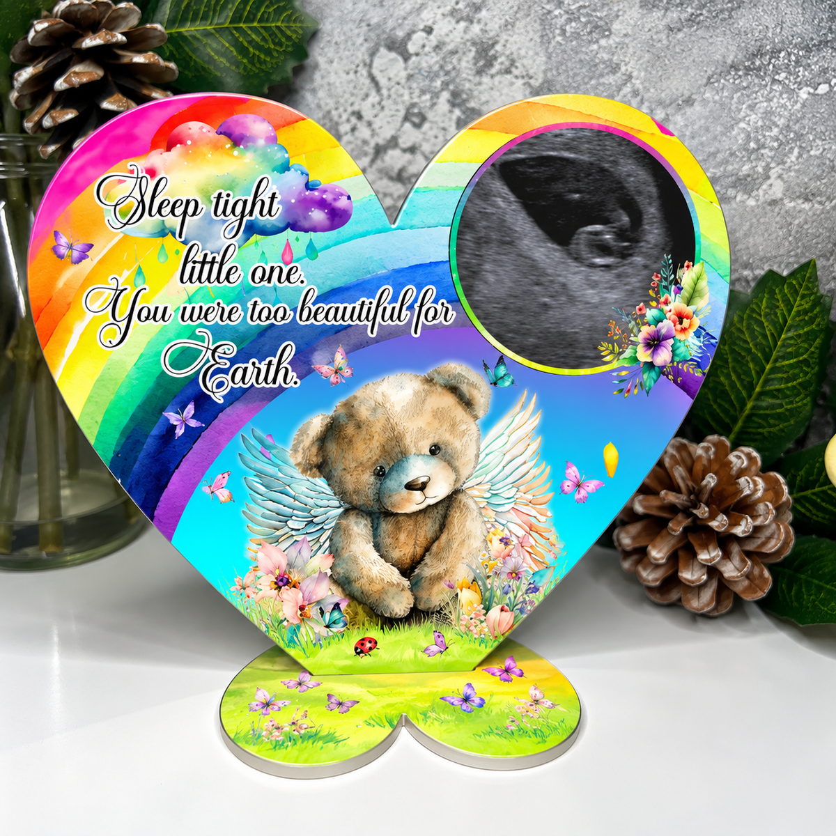 Baby loss memorial heart plaque with personalised photo, rainbow and angel teddy