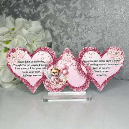 Interlocking heart baby loss memorial plaque with clear stand