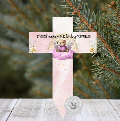 Baby loss memorial cross grave marker with angel teddy design
