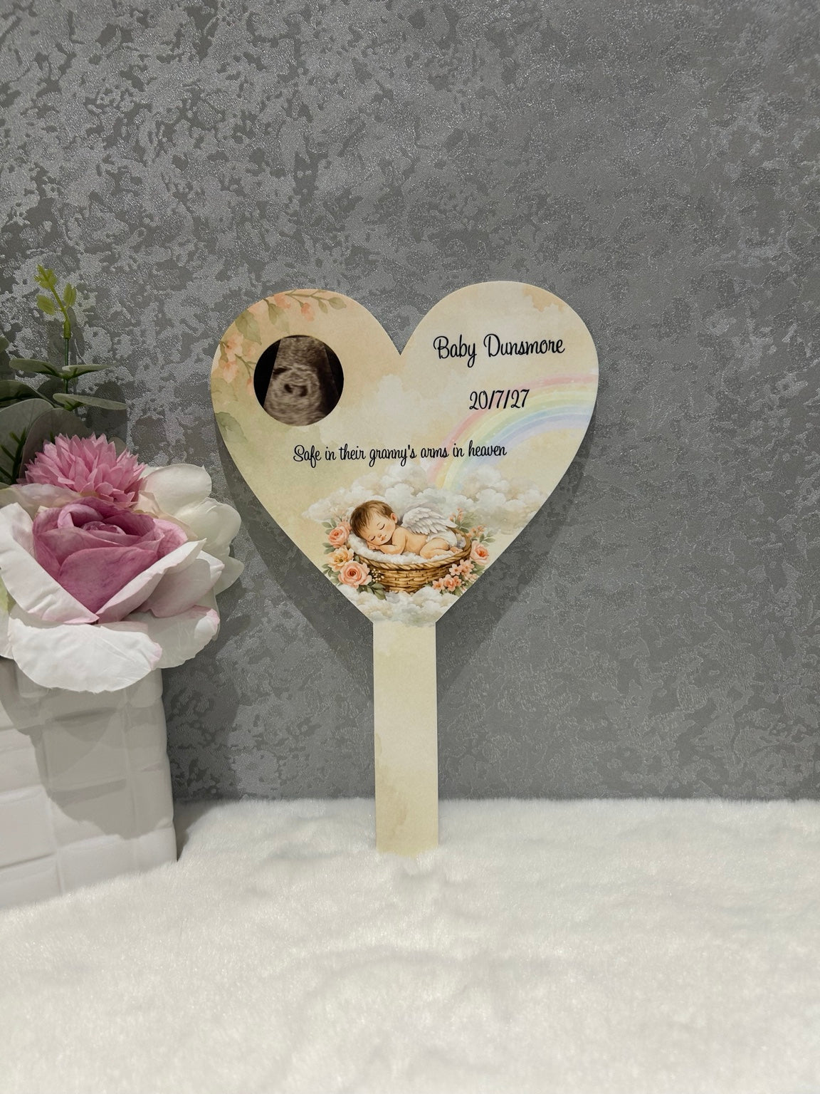 Personalised baby loss grave marker with ultrasound photo and custom remembrance wording