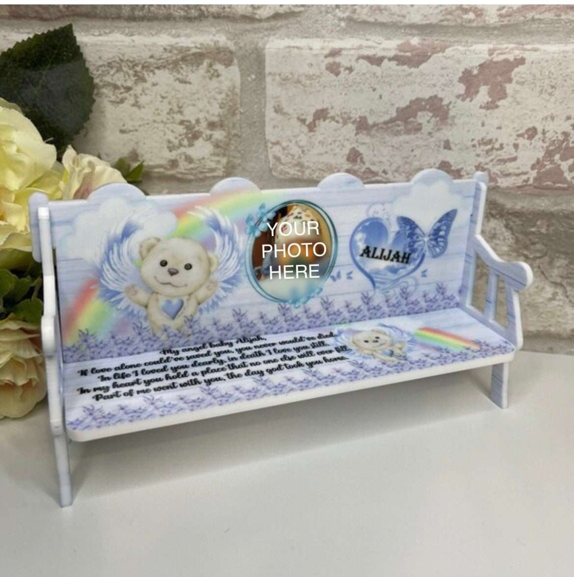 Personalised baby memorial bench keepsake with photo, name and dates