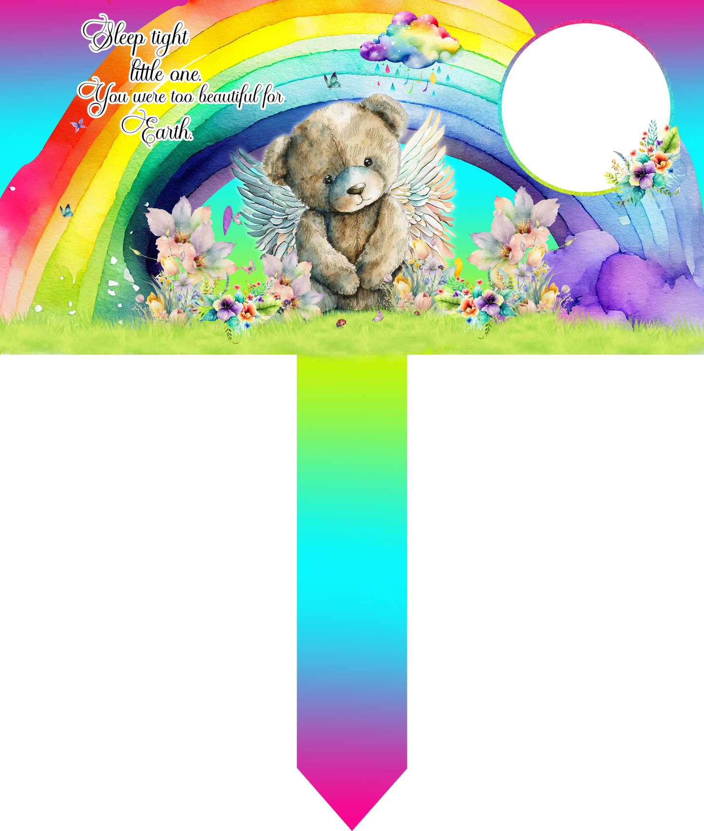 Baby memorial grave marker with teddy bear rainbow design and photo