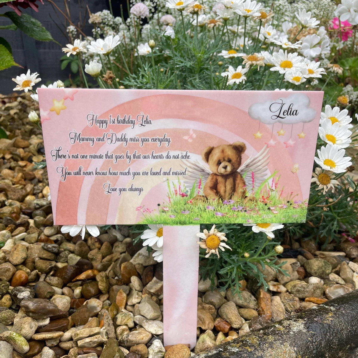 Baby memorial grave marker with teddy bear and rainbow design