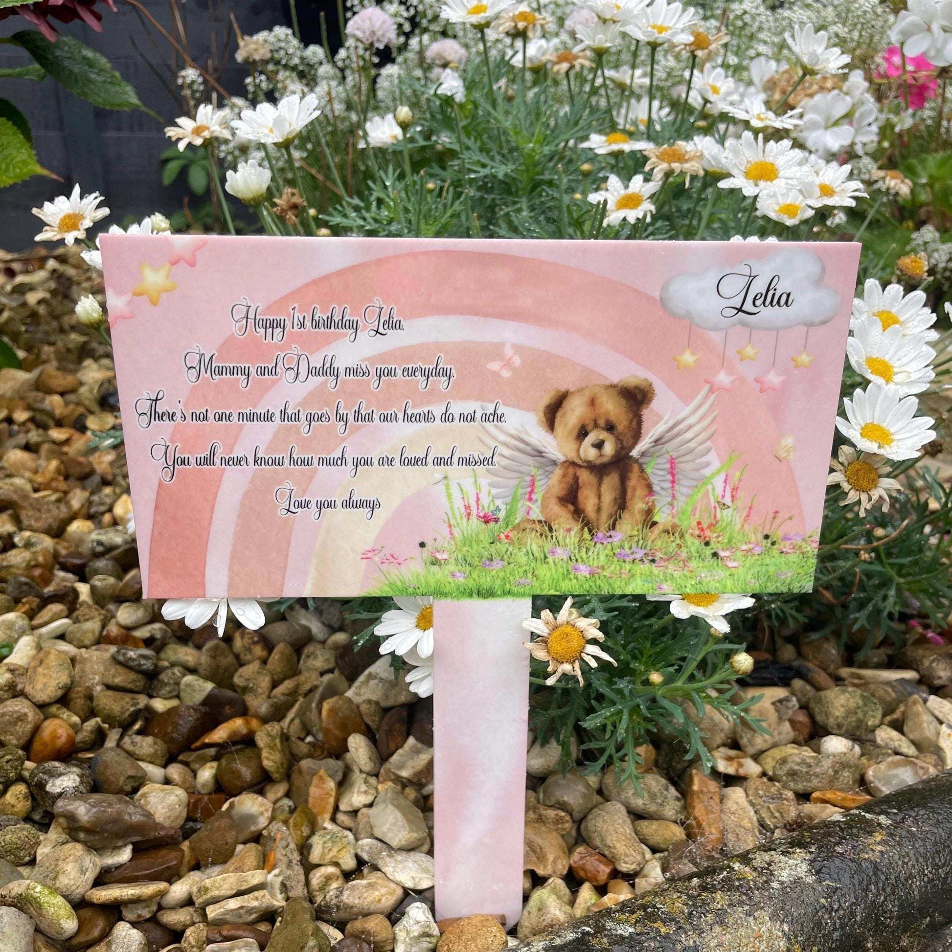 Baby memorial grave marker with teddy bear and rainbow design