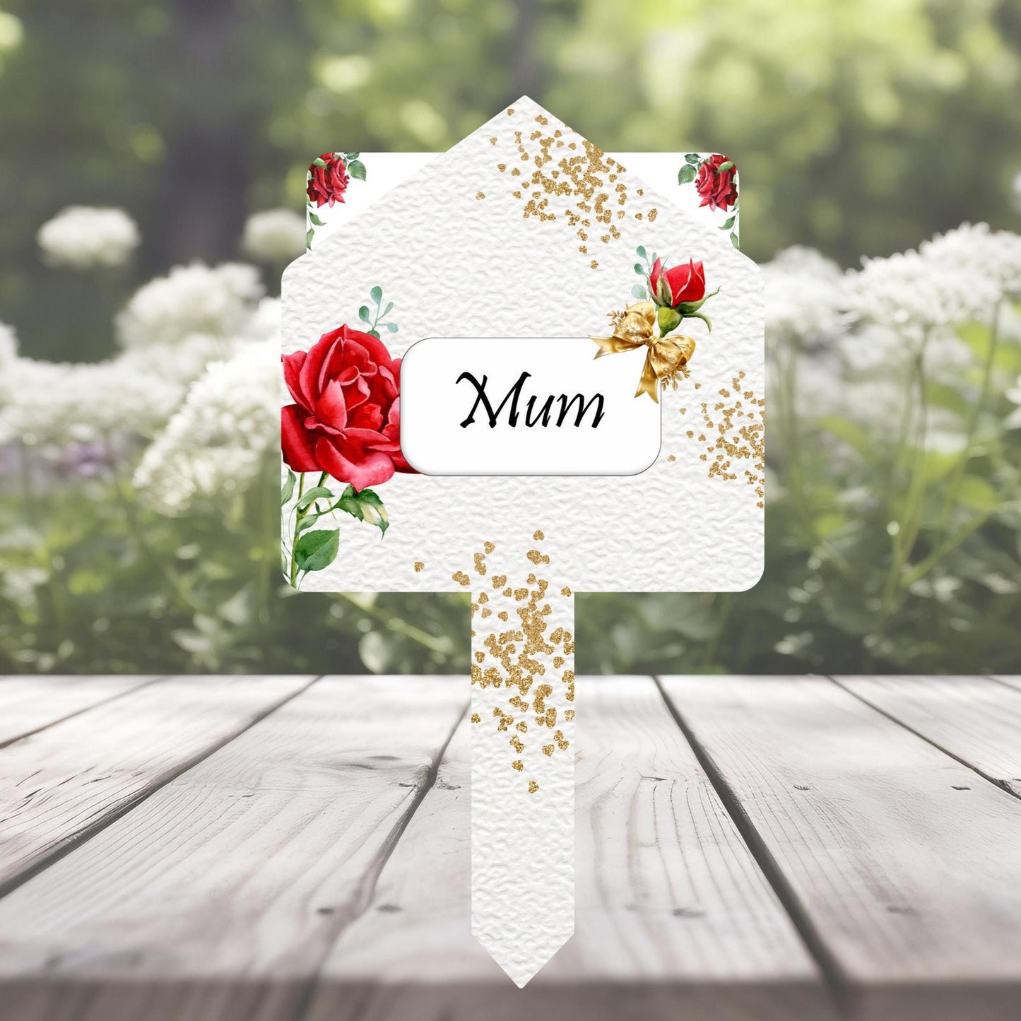 Decorative letter with red roses and text for mum on her birthday or anniversary in heaven