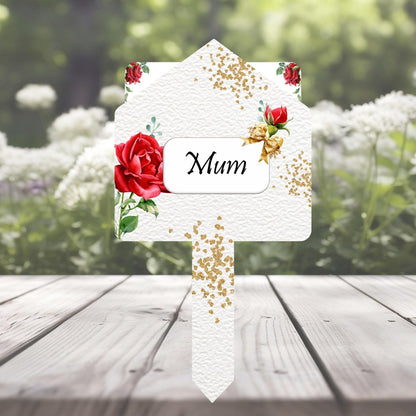Decorative letter with red roses and text for mum on her birthday or anniversary in heaven