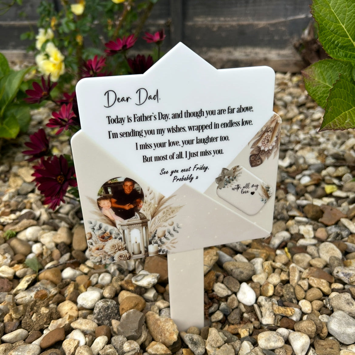 Personalised Dear Dad memorial letter grave marker displayed outdoors