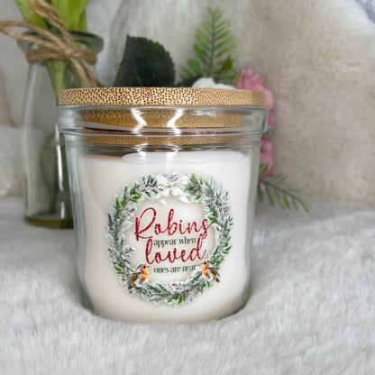 Bereavement remembrance candle with comforting robin design