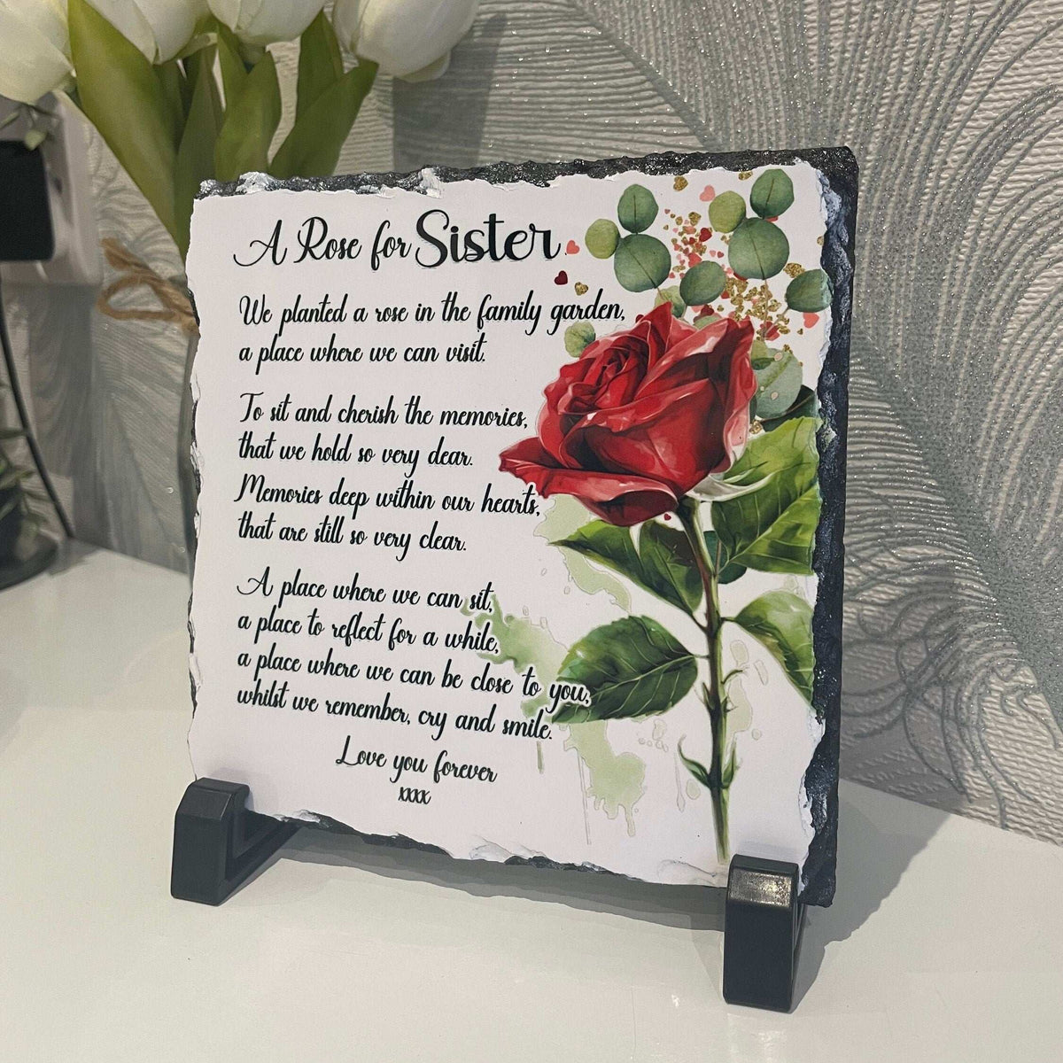 Bereavement rose memorial keepsake slate