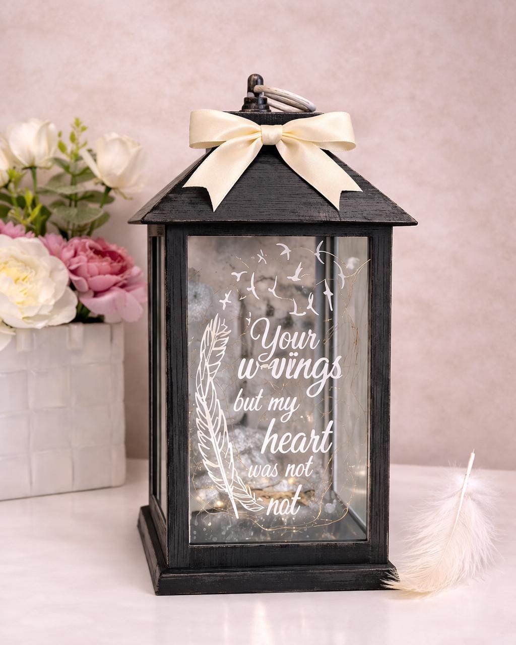 Black and copper large personalised memorial lantern with cream bow and Your Wings Were Ready quote
