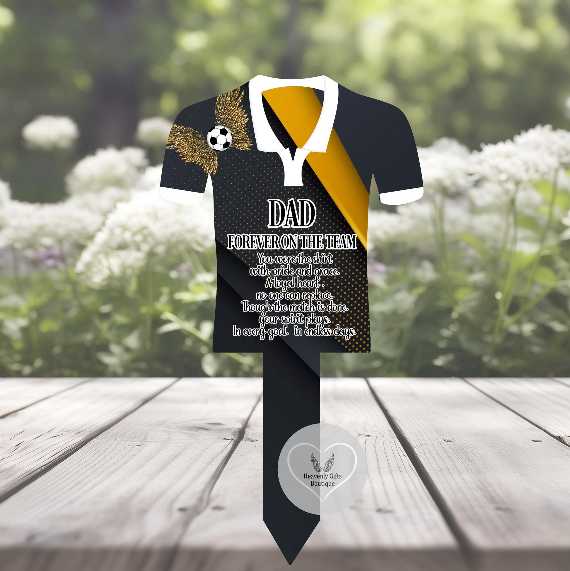 Black and gold personalised football shirt memorial grave marker for Dad with remembrance poem