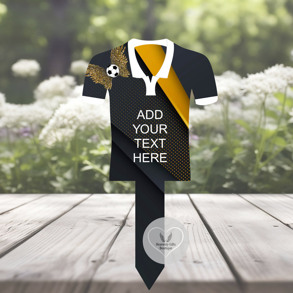 Black and gold football shirt memorial grave marker showing the custom wording option
