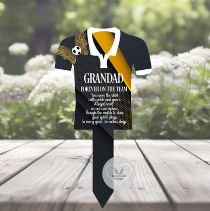 Black and gold personalised football shirt memorial grave marker for Grandad with remembrance poem
