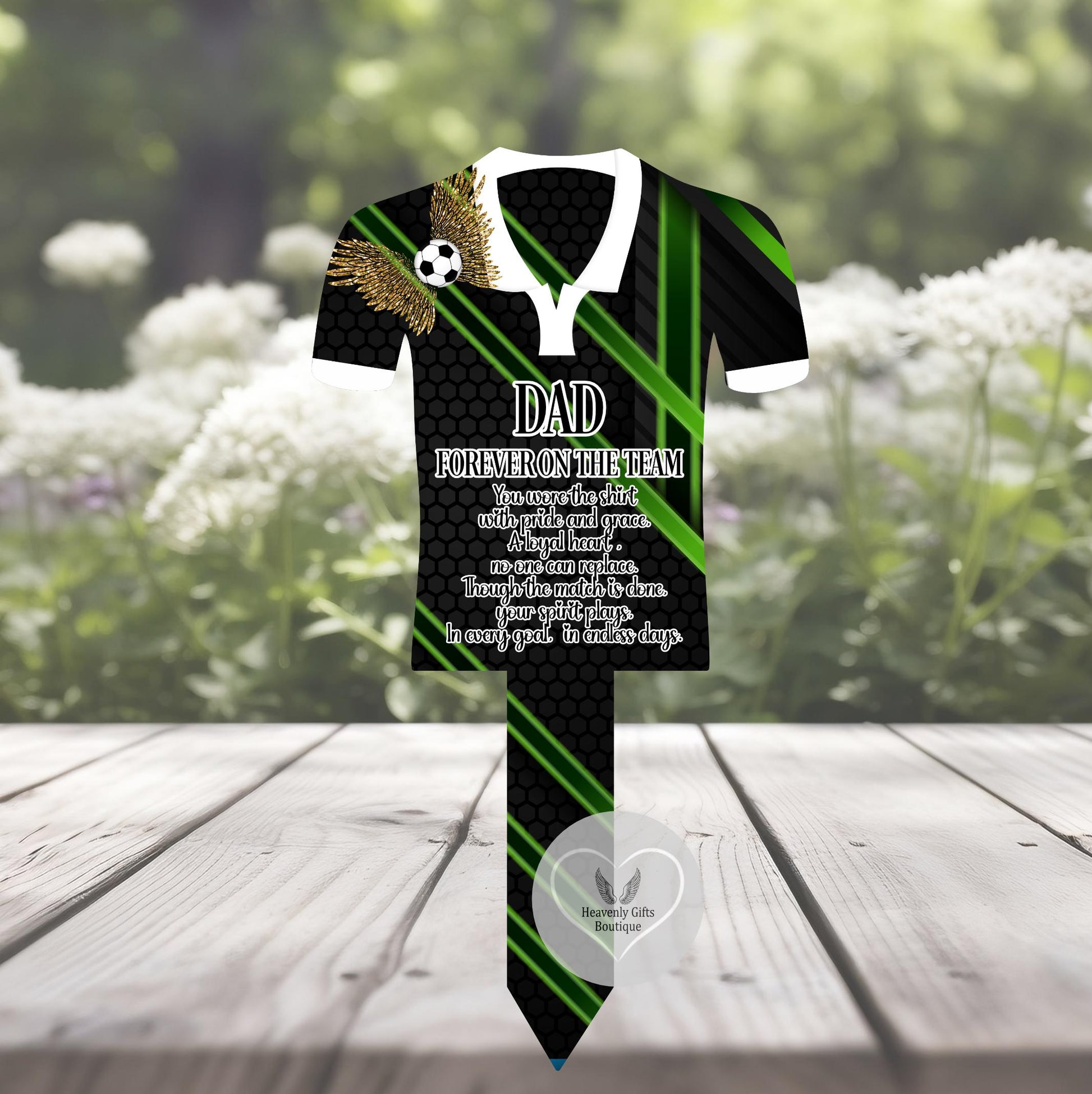 Black and green personalised football shirt memorial grave marker for Dad with remembrance poem