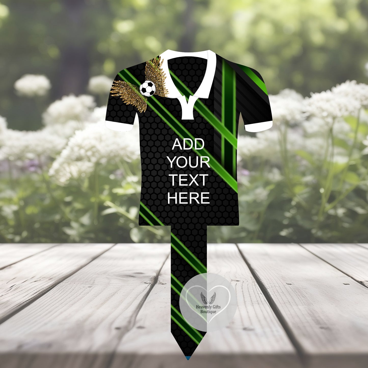 Black and green football shirt memorial grave marker showing the custom wording option