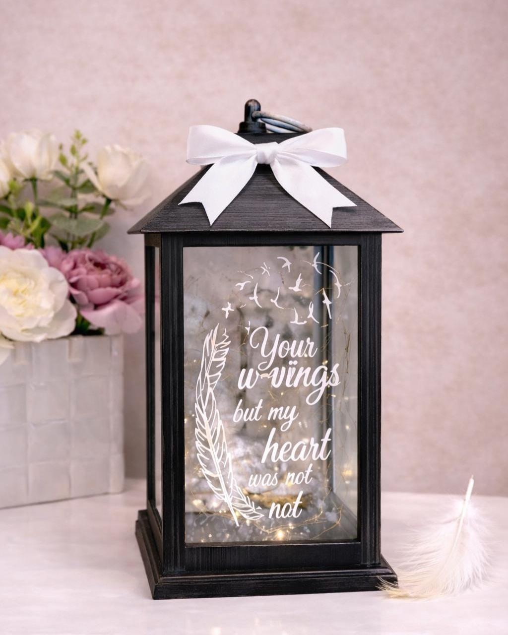 Black and grey large personalised memorial lantern with white bow and remembrance quote
