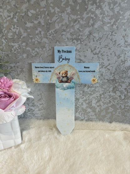 Blue personalised baby loss memorial cross grave marker with angel teddy bear design