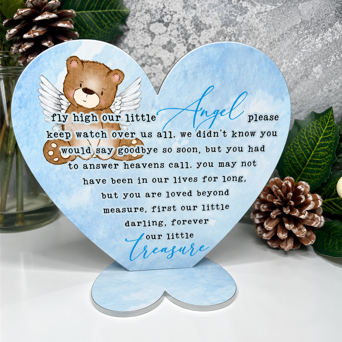 Blue baby loss memorial heart plaque with winged teddy and Little Angel poem