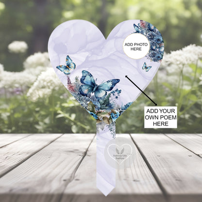 Blue butterfly heart grave marker with own text and personalised photo