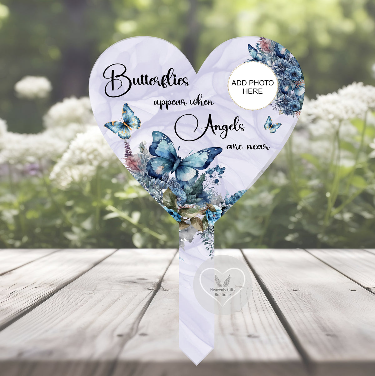 Blue butterfly heart grave marker with personalised photo