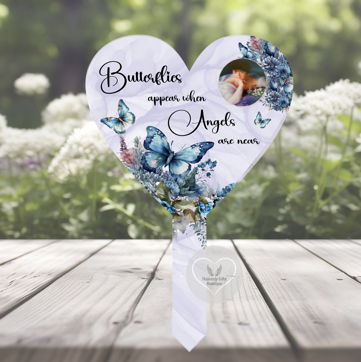 Blue butterfly heart grave marker with remembrance poem and personalised photo