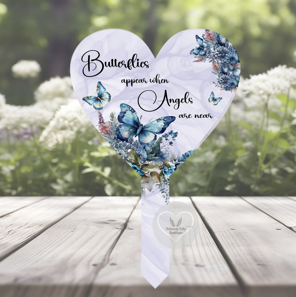 Blue butterfly heart grave marker with remembrance poem